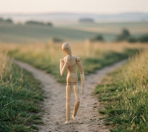 Symbolbild (KI-generiert): Holz-Gliederpuppe an einer Weggabelung im Morgenlicht, psychologische Beratung in Oldenburg und online