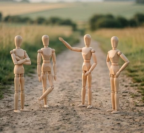 Symbolbild (KI-generiert): Holz-Gliederpuppen in einem Seminar zur psychischen Gesundheit am Arbeitsplatz